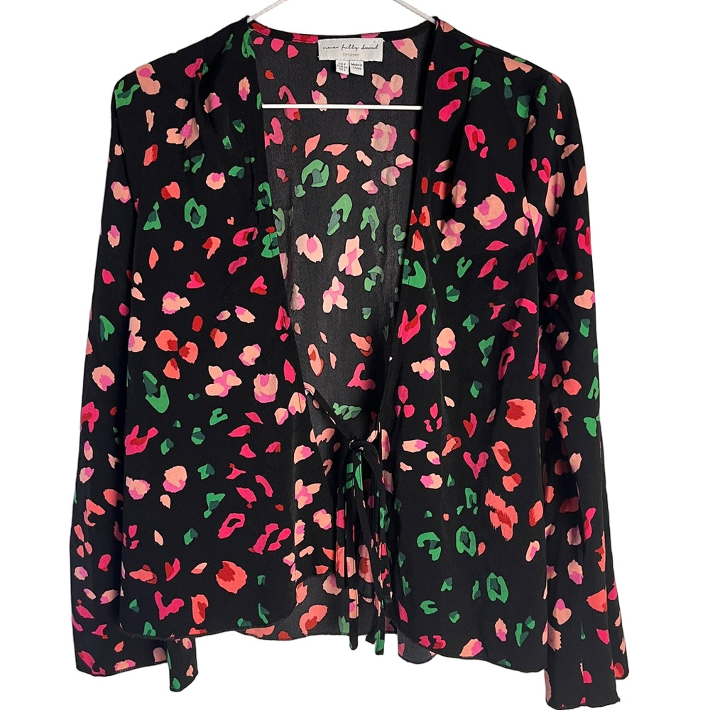 Never Fully Dressed Black Floral Tie Front Blouse Womens Sz 2 Pink Peach NFD